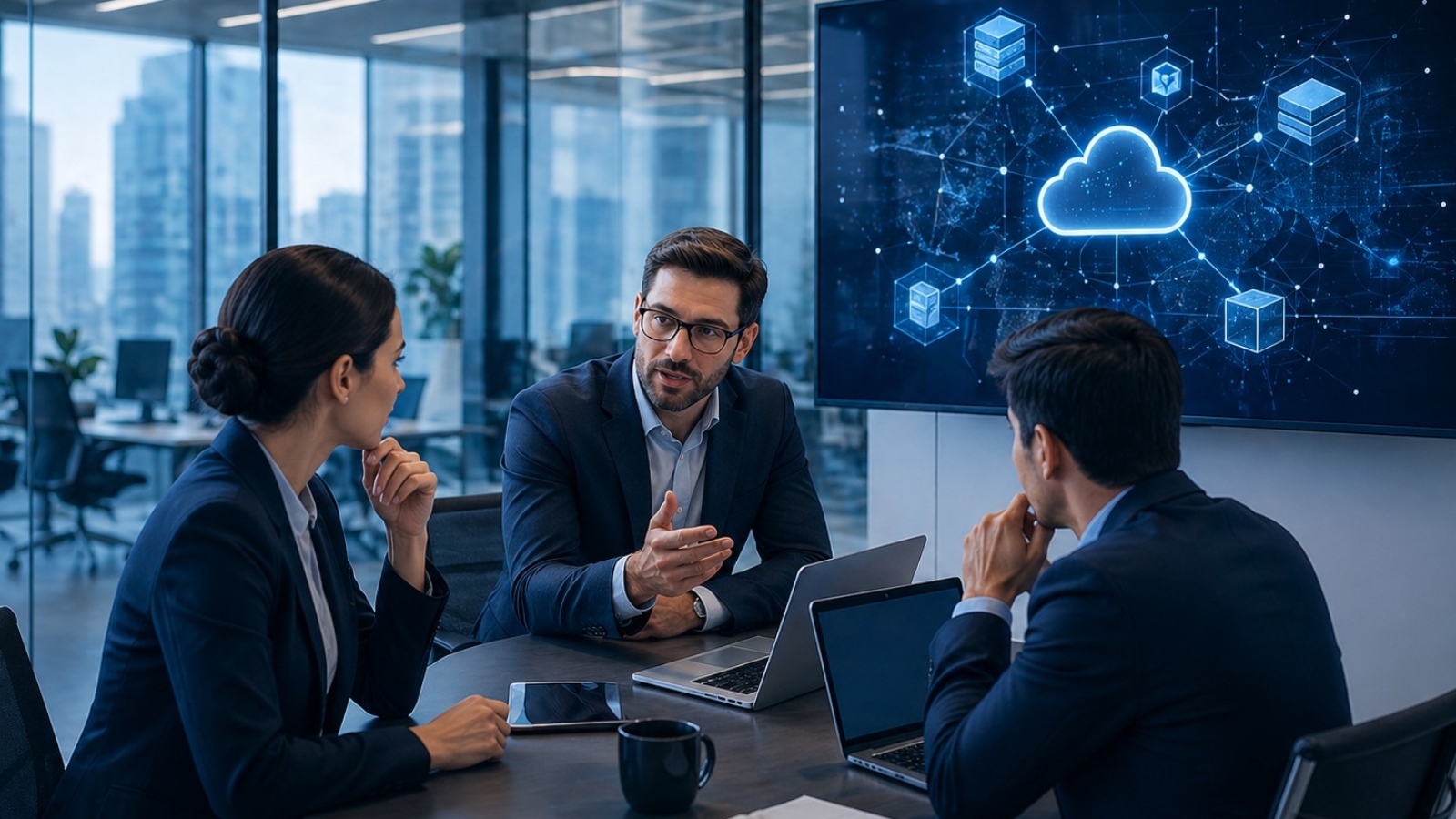 Three professionals in a modern conference room discuss a cloud/network diagram on a large screen.