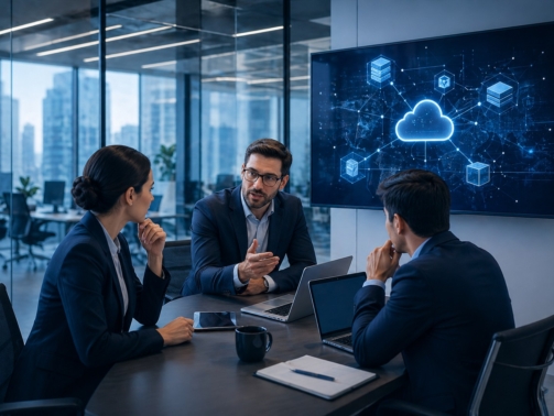 Three professionals in a modern conference room discuss a cloud/network diagram on a large screen.