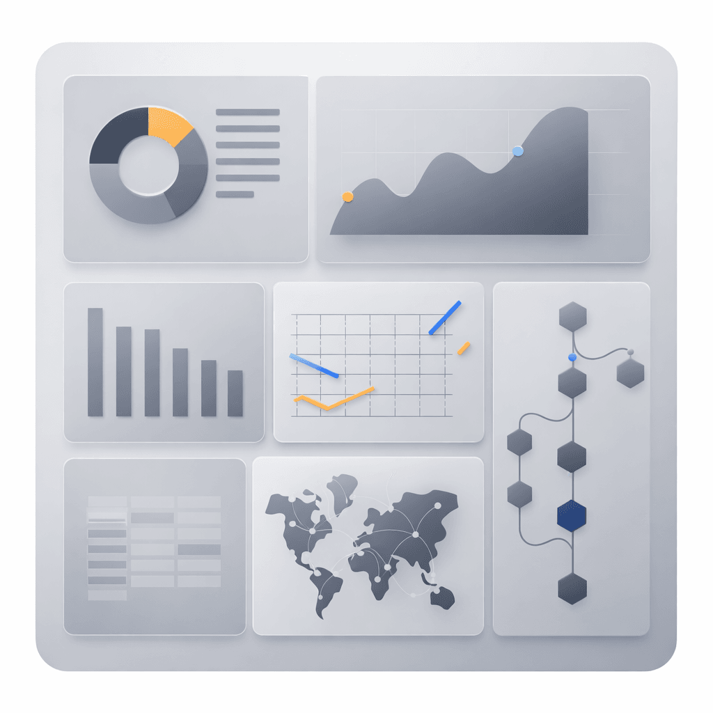 Analytics dashboard with multiple panels: donut chart, line chart with markers, bar chart, grid-style chart, world map with connections, and a vertical hex-node diagram.