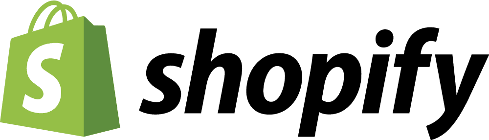 Shopify logo: green shopping bag with white 'S' next to the bold black 'shopify' text.